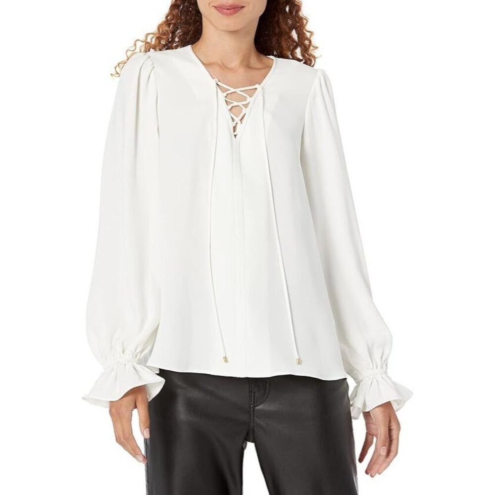 Trina Turk Ivory Lace-Up V-Neck Ruffle Cuff Blouse